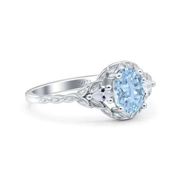 Art Deco Oval Vintage Style Bridal Wedding Engagement Ring Simulated Aquamarine CZ 925 Sterling Silver